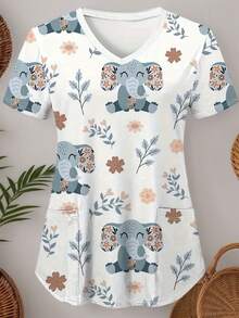 Women Cartoon Elephant & Plant Print Nursing Scrub Uniform Top, Simple Fashion Daily Casual - Multicolor - View 1
