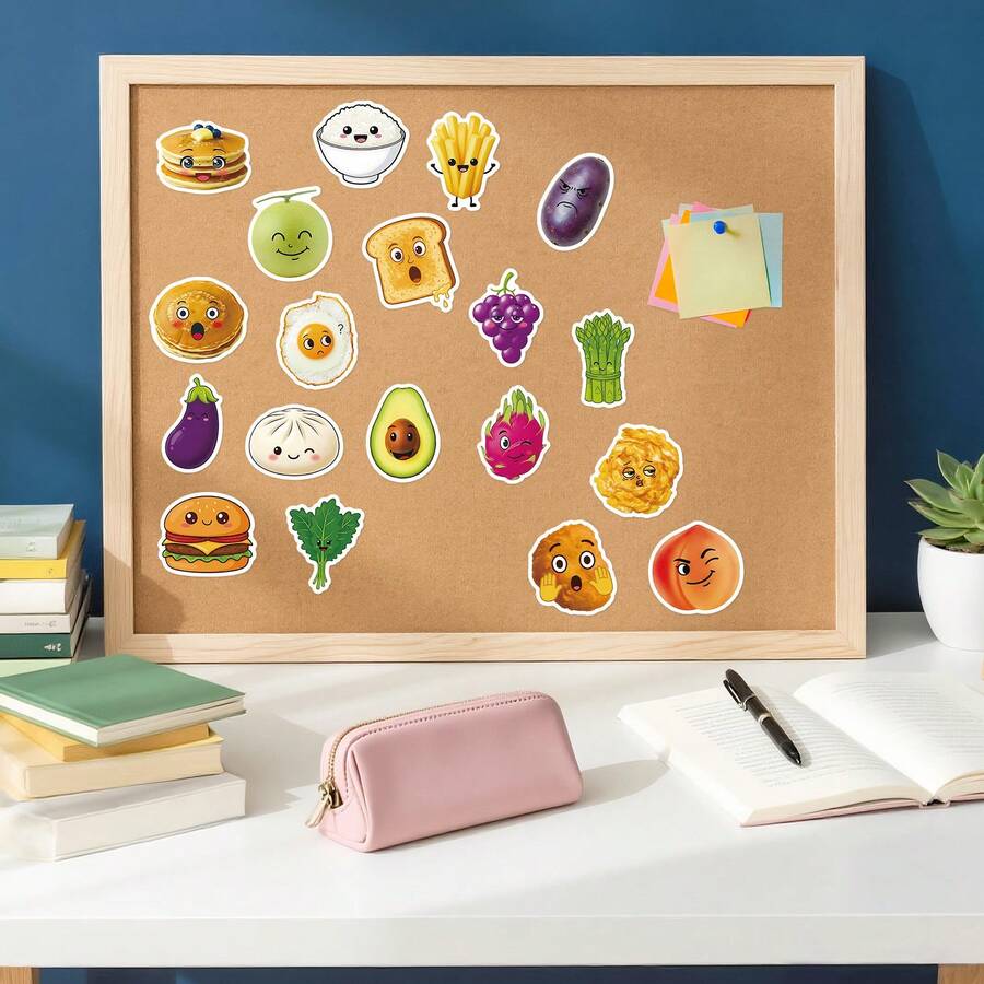 56pcs/Set Food Theme Stickers, Food Face Pattern Sticker Pack, Creative Decals For Festivals Cheering And Party, Decorative DIY Gifts, Artistic Stickers For Diary, Laptop, Notebook, Water Bottle, Phone Case, Aesthetics Stickers For Teens Adults, School Supplies - Multicolor - View 1