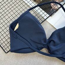 热门吊带文胸，女士露背细肩带运动文胸，轻度支撑，短款健身上衣，无缝褶皱瑜伽垫文胸（春季款） - 藏蓝色 - 查看 7