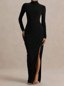 Black Knit Fabric Sexy Ruched High Neck Long Sleeve Bodycon Maxi Dress, Ideal For Evening Gowns And Special Occasions - Black - View 5