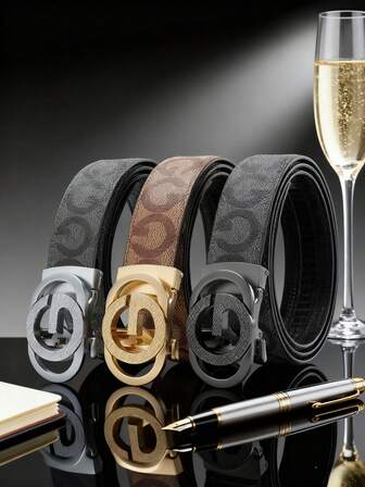 1条男士自动扣皮带，时尚字母印花休闲复古性感轻便商务PU皮革皮带，季节性礼品配饰