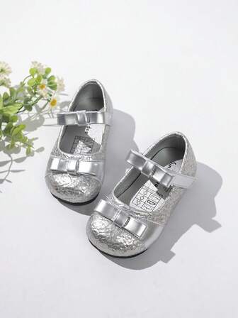 Silverfärgade Mary Jane-skor för spädbarn, med krackelerade ben, mjuka skor med dubbla rosettremmar, prinsessskor för fest