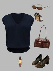 Chaleco de punto con cuello en V, minimalista, suave, de estilo académico casual para el otoño/invierno 2025. Uso diario académico retro extremadamente simple y versátil, adecuado para Navidad y Año Nuevo - Azul - Ver 4