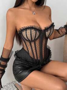 Polka Dot Party Item, Lightweight Sheer Lace Sexy Semi-Transparent Boned Tight Camisole Camisole Corset For Women - Black - View 2