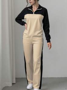女士休闲套装，优雅运动套装，翻领宽松上衣搭配阔腿裤，两件套，秋冬春季款 - 膚色 - 查看 4