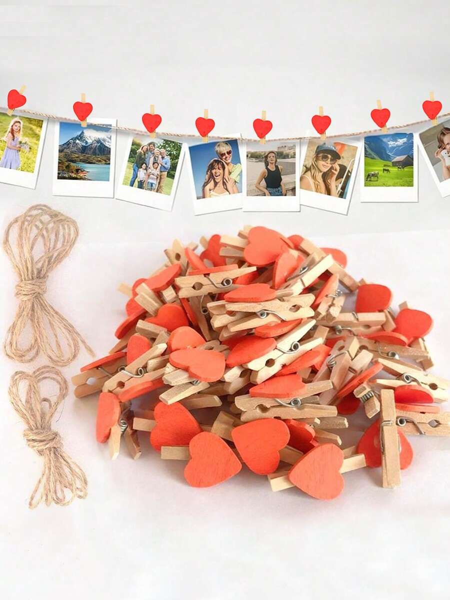 20Pcs Mini Heart Clothespins With String, 1.2Inch Wooden Heart Clothes Pins, Small Red Heart Woodden Photo Clips With 9.8Ft Jute Twine For Wedding,Crafts,Hanging Photo Display - Multicolor - View 1