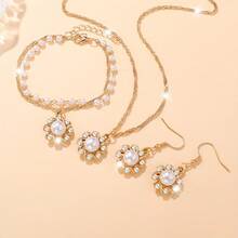 4 piezas Conjunto de joyería de moda, incluye collar con colgante de flor de rhinestone, aretes, pulsera apilable, adecuado para uso diario y regalos festivos