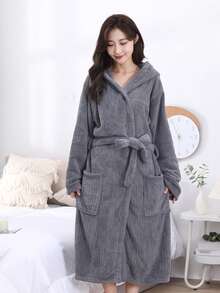 1pc Women Student Solid Color Jacquard Coral Fleece Soft Absorbent Warm Casual Home Cute Hooded Bathrobe Bath Robe Morning Robe Long Robe Loungewear Bathing Swimming Travel Personal Use Gift - Multicolor - View 20