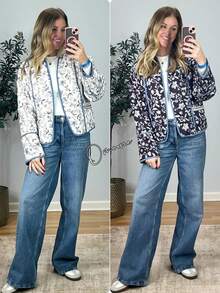 Women's Reversible Floral Quilted Jacket Cropped Puffer Cardigan Open Front Lightweight - White - View 4