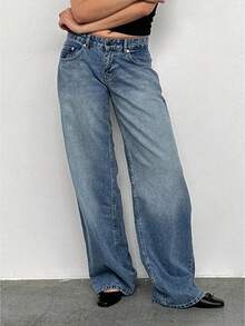 Women Wide Leg Jeans Low Rise Baggy Straight Leg Jeans Loose Boyfriend Jeans Casual Denim Pants Y2k Streetwear - 藍色 - 查看 1