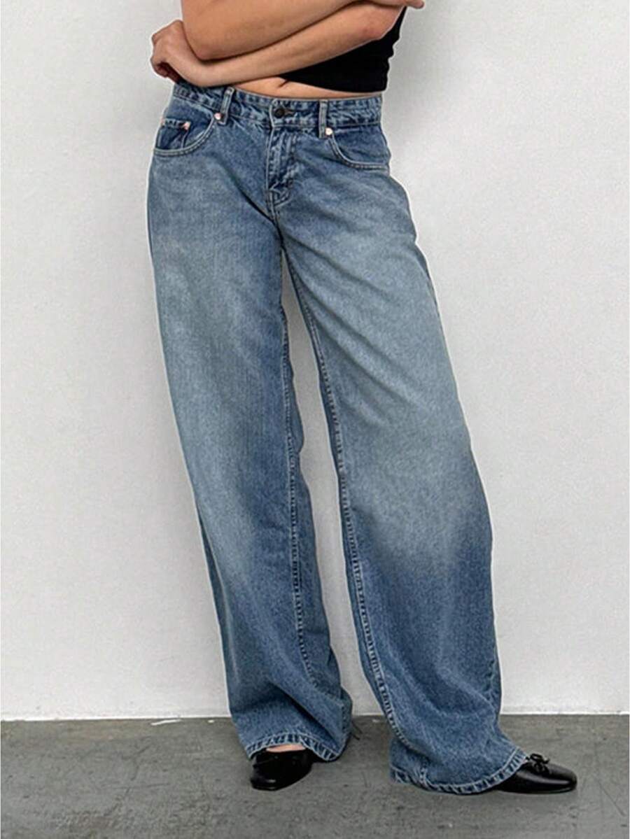 Women Wide Leg Jeans Low Rise Baggy Straight Leg Jeans Loose Boyfriend Jeans Casual Denim Pants Y2k Streetwear - 藍色 - 查看 1