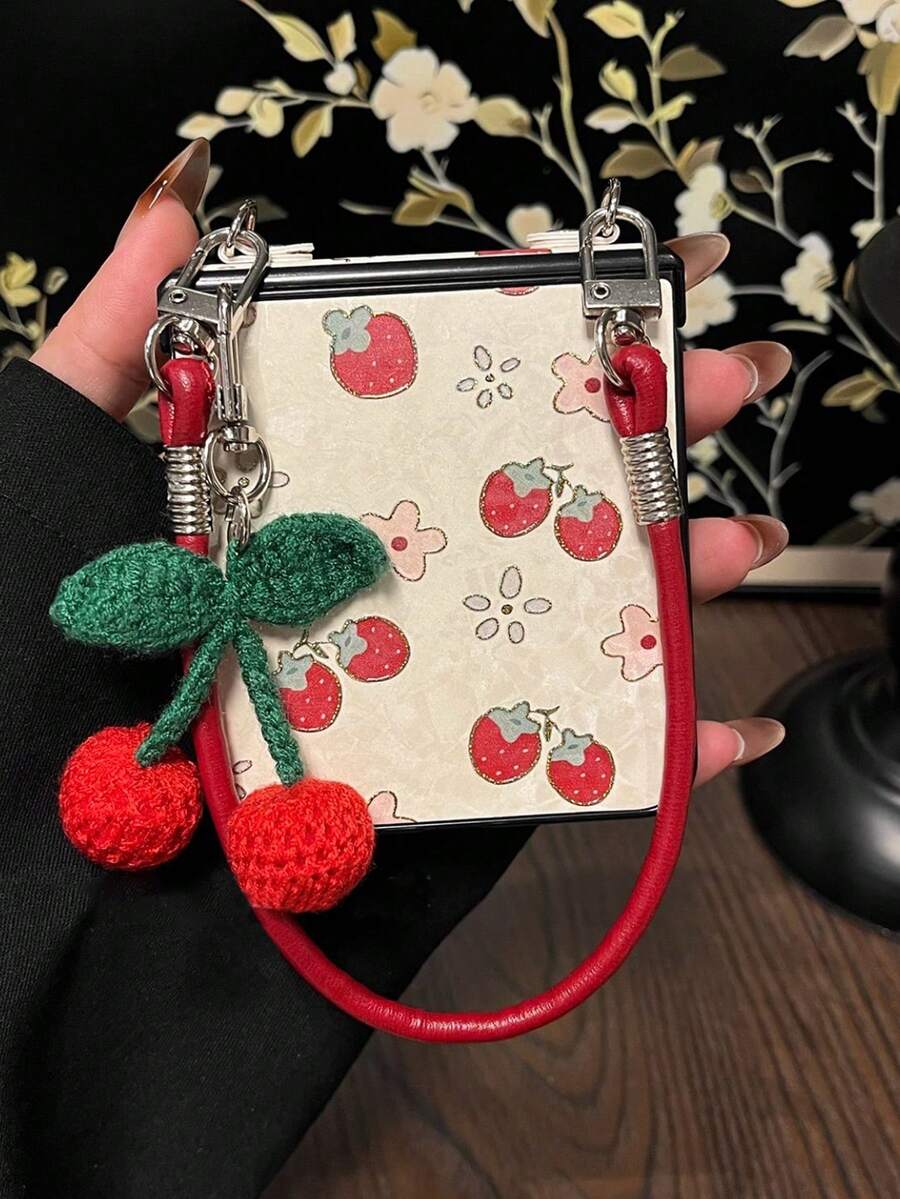 Korean Fresh Strawberry Flower Phone Case, Compatible With Samsung Galaxy ZFlip7, Z Flip6, ZFlip 5, Zflip6, With Cherry Pendant And Genuine Leather Lanyard, Shock-Resistant Back Cover - 白 - 查看 1