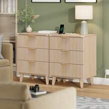 GIKPAL Wood 3 Drawers Dresser Fluted Night Stand With Charging Station, Storage Nightstand Modern Side Table, Bedside Table For Bedroom, Living Room Entryway, Natural - 查看 4