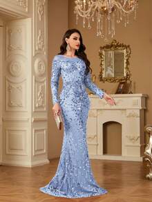 hezixi Stretchy Sequin Dress, Extremely Comfortable, Suitable For Different Figures, Sheer Round Neck Long Sleeve Fitted Mermaid Hem Design, Solid Color Elegant Luxury Maxi Dress For Women, Enhances Youthful Charm, Suitable For Various Parties, Graduations, Weddings And Other Occasions. - Màu xanh lam - Xem 8