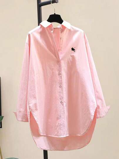 Women's Casual Long Sleeve Button Embroidered Shirt - Loose Fit Pointed Collar Pure White Non-Sheer Blouse, Suitable For All Seasons, Multi-Occasion Styling, Classic Design, Smooth Fabric, Durable Clothing, Office Attire, Breathable Material, Essential For Fashion Enthusiasts