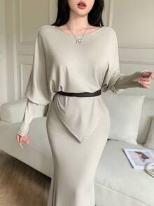 abyoxi Women's Apricot Ribbed Knit, Batwing Sleeve, Boat Neck, Asymmetrical Hem Top, Casual Simple, Everyday Outings, At Home, Office Commute, Fall Winter Fashion Tops