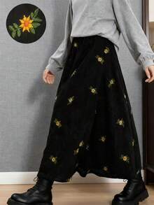 秋冬复古棕色灯芯绒绣花裙，秋季及膝绣花裙，校服裙，复古老钱裙，万圣节和圣诞节裙 - 黑色 - 查看 3