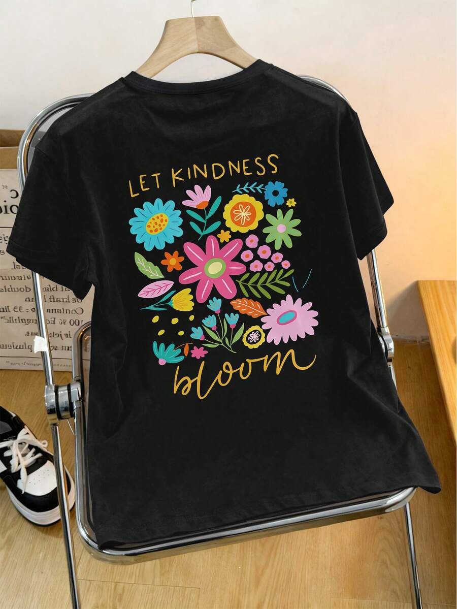 夏季上衣，让善意绽放，复古花朵，波西米亚花朵，花朵，休闲圆领上衣，女式图案 T 恤，夏季上衣，衬衫，女士夏季服装，夏季服装，女式图案 T 恤，女式上衣