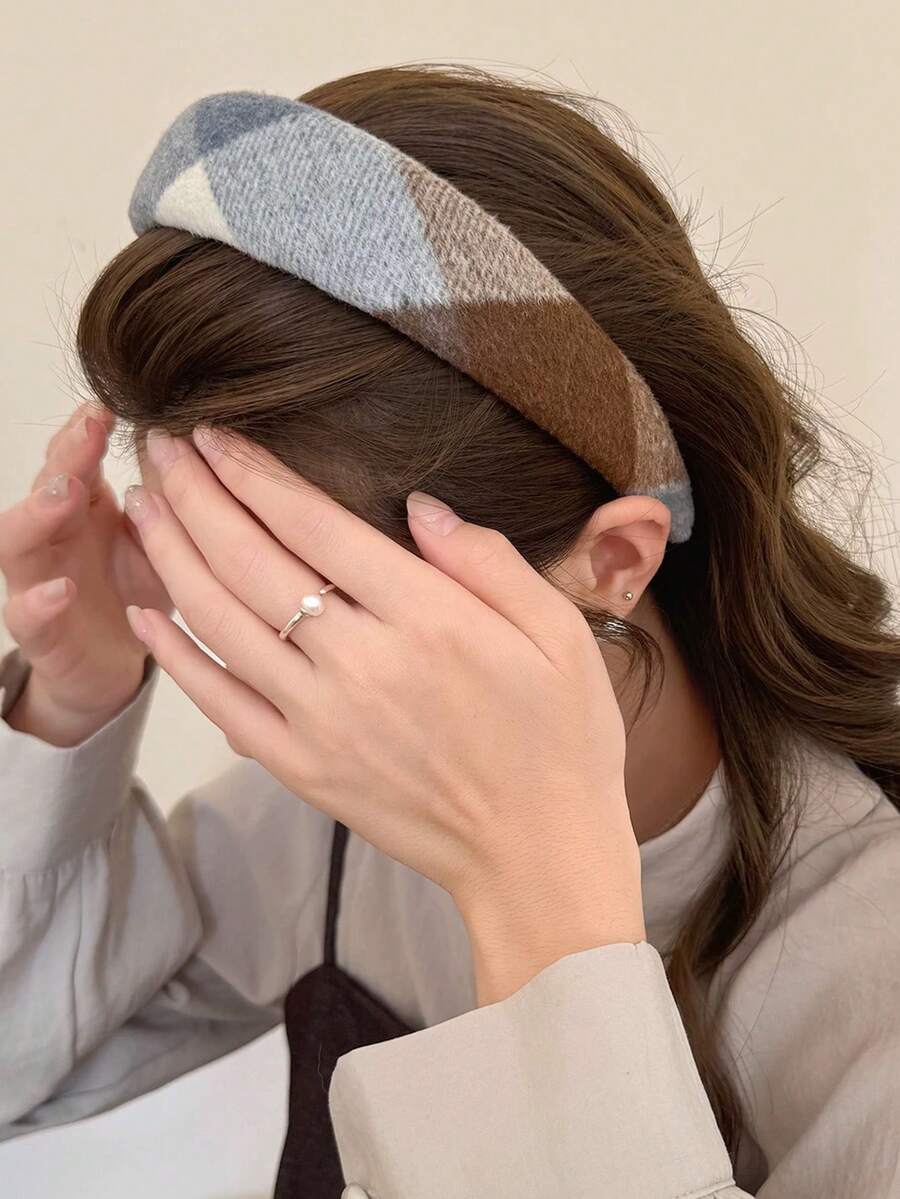 1件休闲通勤蓝咖啡格纹针织宽发带发饰、发箍、发圈 - 彩色 - 查看 1