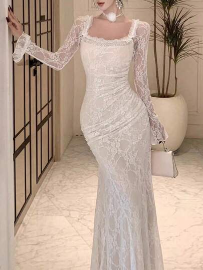 فستان أنيق جديد للنساء من الدانتيل والقصة المرمرية، مناسب للربيع والصيف، فستان حفلة عيد ميلاد أو حفل زفاف، باللون الأبيض لعيد الحب