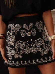 女士时尚刺绣串珠花卉印花波西米亚优雅拉链半身裙 黑色 夏季 - 黑色 - 查看 1