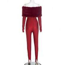 2025 Autumn And Winter Women's Fur Collar Long Sleeved Exposed Navel Tight Jumpsuit - 酒紅色 - 查看 4
