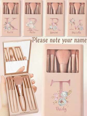 5 st Anpassat namn Kvinnor Sminkborstefodral med spegel Kosmetisk borstsats organiseringsset Bärbar borstlåda Förvaringshållare med namn Customiz Personligt DIY-mönster Resetillbehör Vattentät behållare Pulver Nos Foundation Eye Smudge Shadow Borste För Pocket Handväska Plånbok