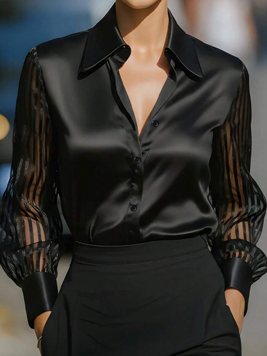 Women's Elegant Fashionable Solid Color Satin Contrast Sheer Sleeve Blouse For The Office, Vacation, And Everyday Holidays Shirts - 黑色 - 查看 1