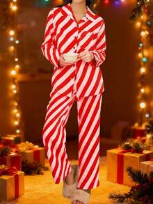 Women Striped Satin Pajama Set Y2k Silk Pajamas Button Down Shirts High Waist Pants 2 Piece Lounge Sets Matching Pjs - 紅色 - 查看 5