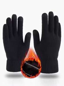 2 Pairs Black Full Finger Knitted Touchscreen Gloves With Warm Thermal Lined, For Cycling, Christmas Accessories, Winter