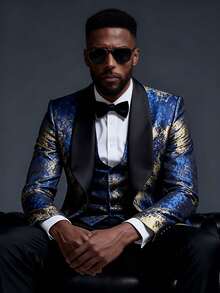 Mens Suits 3 Piece Graffiti Suit Single Breasted One Button Jackets Formal Dress Party Prom Tuxedo Suits Blazer Set - 藏蓝色 - 查看 1