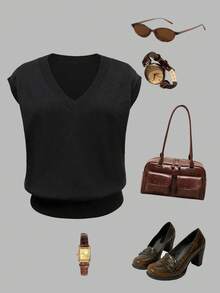 Áo vest dệt kim cổ chữ V Thu Đông 2025, tối giản, nhẹ nhàng, phong cách học thuật thường ngày dành cho nữ, kiểu dáng retro học thuật cực kỳ đơn giản và đa năng, phù hợp cho Giáng sinh và Năm mới. Màu đen. - màu đen - Xem 4