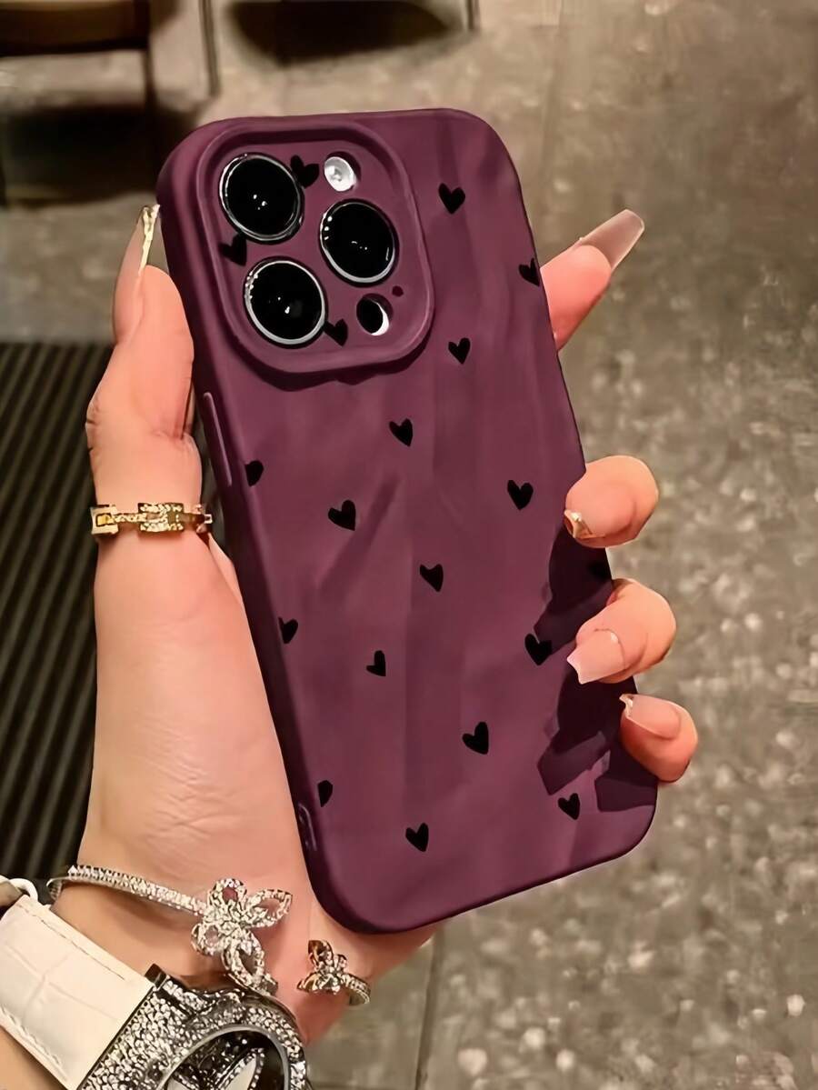 1pc Burgundy Heart Pattern Full Coverage Shockproof TPU Phone Case Compatible With Apple 16, 15, 14, 13, 12, 11 Pro Max