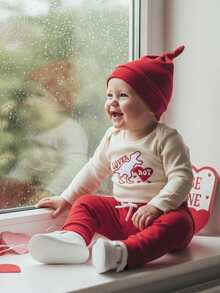 Conjunto de ropa para bebé niño con estampado de letras y camión bordado, pantalones con cintura elástica, sombrero para primavera - Rojo - Ver 4