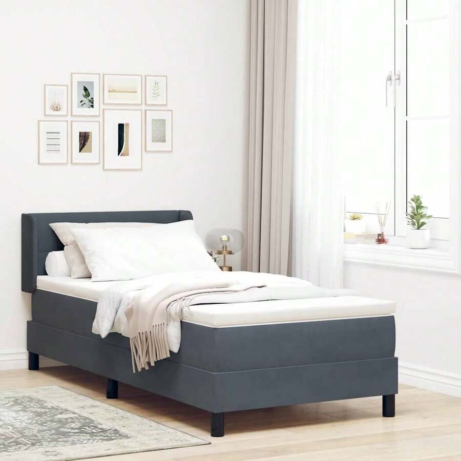 vidaXL Boxspringbett Mit Matratze, Schwarz, 100x200 Cm, Samt Dunkelgrau - Grey - View 1