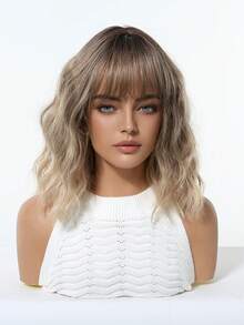 神秘气质渐变短波波头，中小卷发，带刘海，12英寸耐热合成假发，适合派对、日常、音乐节、聚会和庆典等场合。 - 漸層 - 查看 6