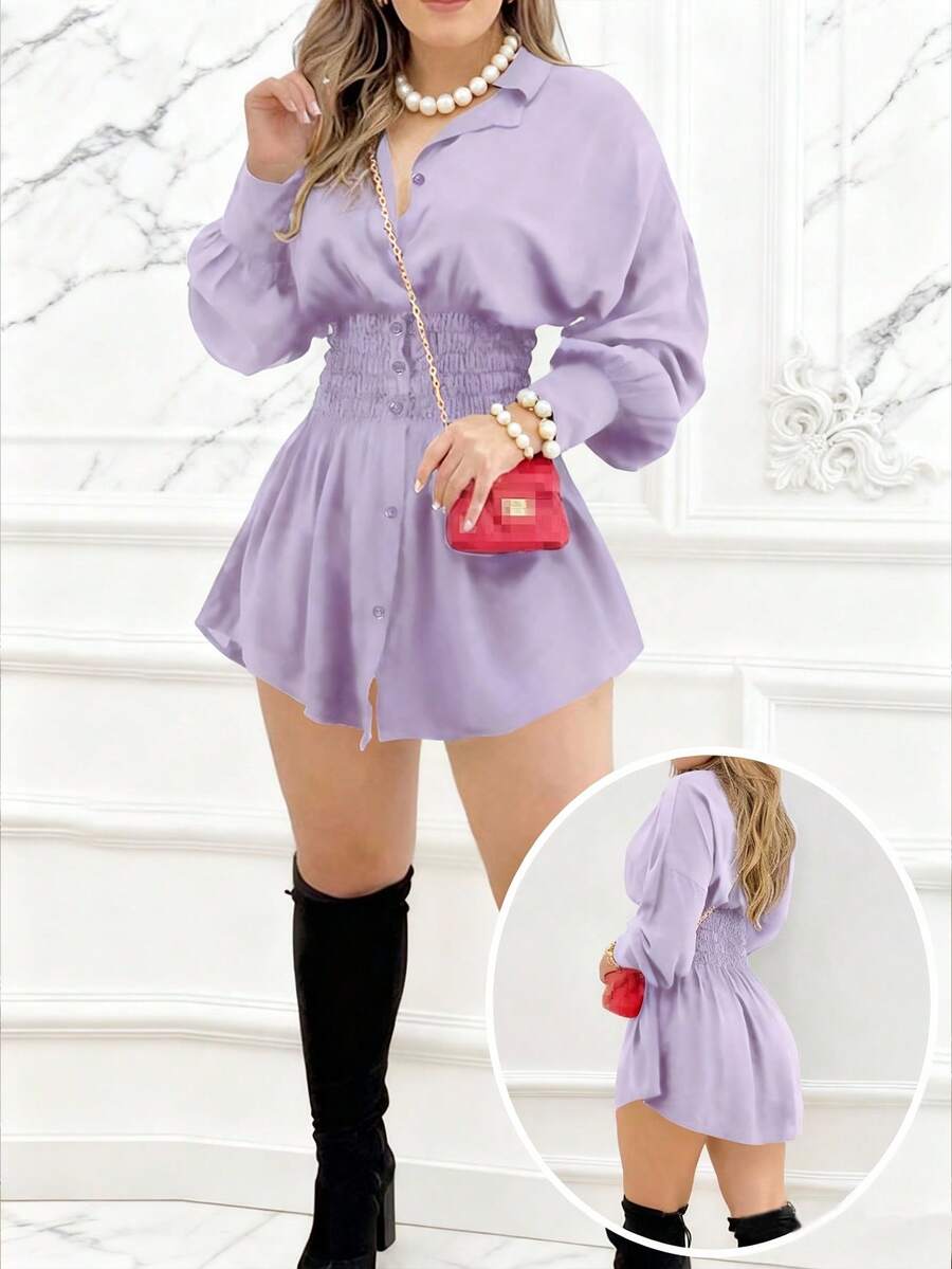 Women's Fashion Collared Shirt Dress, Solid Color Ruched Waist Long Sleeve Slim-Fit Lightweight Blouse Dress, Spring/Summer Elegant - Light Purple - View 1