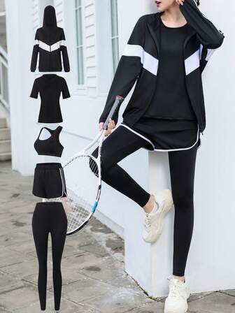 5ชิ้น/ชุด ชุดโยคะรัดรูปมีซิป ลายทางขาวดำ - สปอร์ตบราโยคะ, เสื้อยืดแขนยาวทรงหลวม, กางเกงรัดรูป, กางเกงขาสั้นทรงหลวม, ชุดกีฬาสำหรับใส่สบายๆ กลางแจ้ง