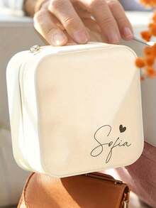 1pc Customizable Name Jewelry Box, Beige Bridesmaid Jewelry Box, Zipper Closure, Fabric Lining, With Compartments, Travel Jewelry Storage Box, Suitable As Bridesmaid Gift, Birthday Gift, Thanksgiving Gift, Mother's Day Gift, Or Travel Jewelry Box - Multicolor - View 8