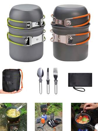 一套露营炊具套装，包含炉具、叉子和勺子，适合背包旅行、户外露营、徒步和野餐，不粘锅具，轻便可叠放的锅碗，配有收纳袋，包含304不锈钢杯子和徒步旅行配件。