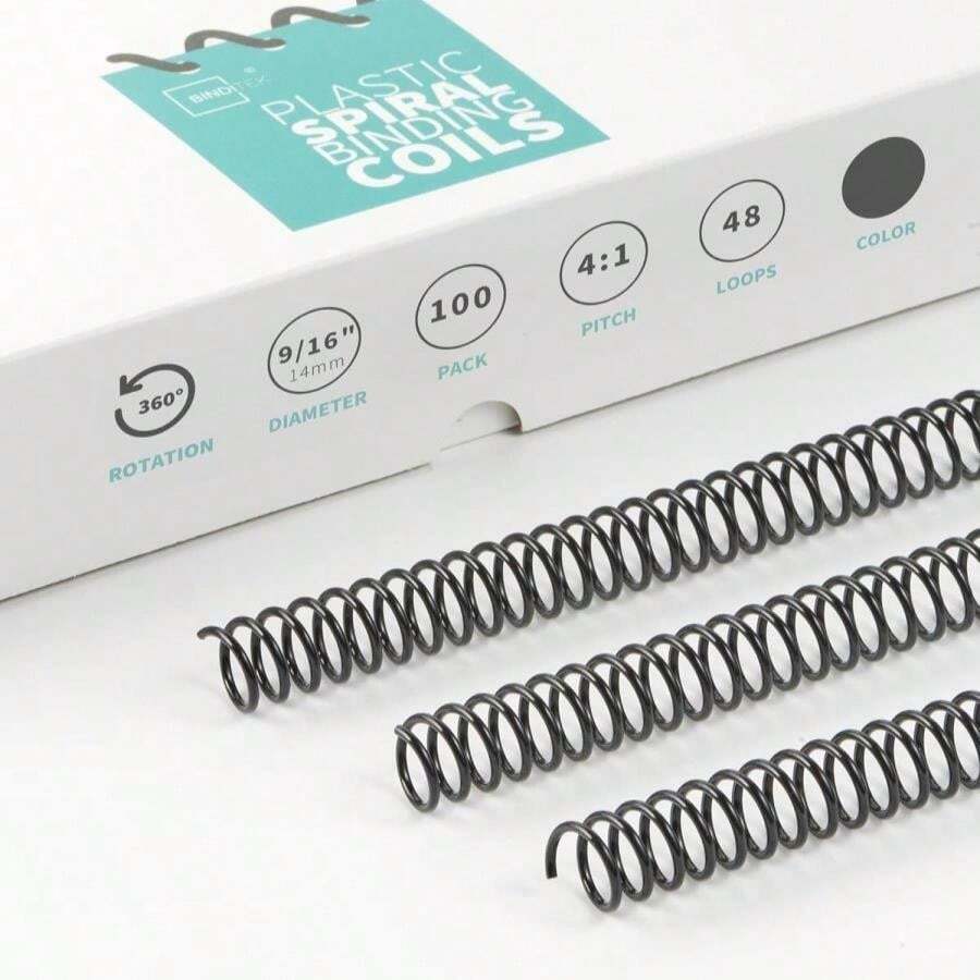 Binditek 100 Pack Plastic Spiral Binding Coils, 16mm(5_8"), 140 Sheet Capacity, 4:1 Pitch, Black, 48 Loops, For Letter Size, For Students And Coworkers - ColorH - 查看 1
