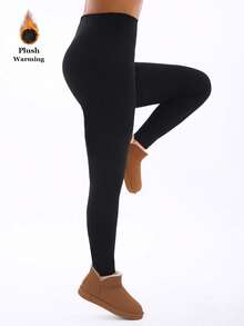 Women's Thermal Lined Black Leggings, European And American Fashion Casual Minimalist Line Pattern All-Over Print, Elegant Stretchy Skinny Pants For Home, Workout, Yoga, Gym, Running, Outdoor Walking, Party, Gift - Simple Black - View 5