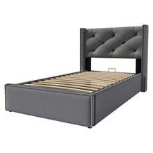 Lit Simple Hydraulic Rembourré 90x200cm, Sommier à Lattes En Métal, Cadre De Lit Moderne With Space De Rangement, Cotton, Gris - 灰色 - 查看 2