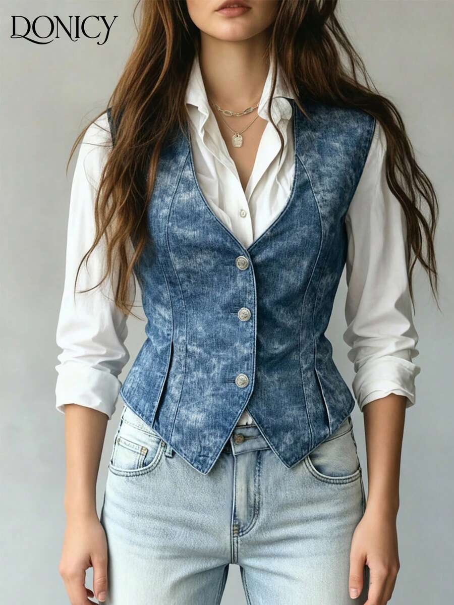 DONICY 女士复古休闲纯色前扣腰背心，无袖正式西装外套，修身都市休闲复古风，适合春夏叠穿、街头、派对、约会等场合，情人节、狂欢节等节日也适用。