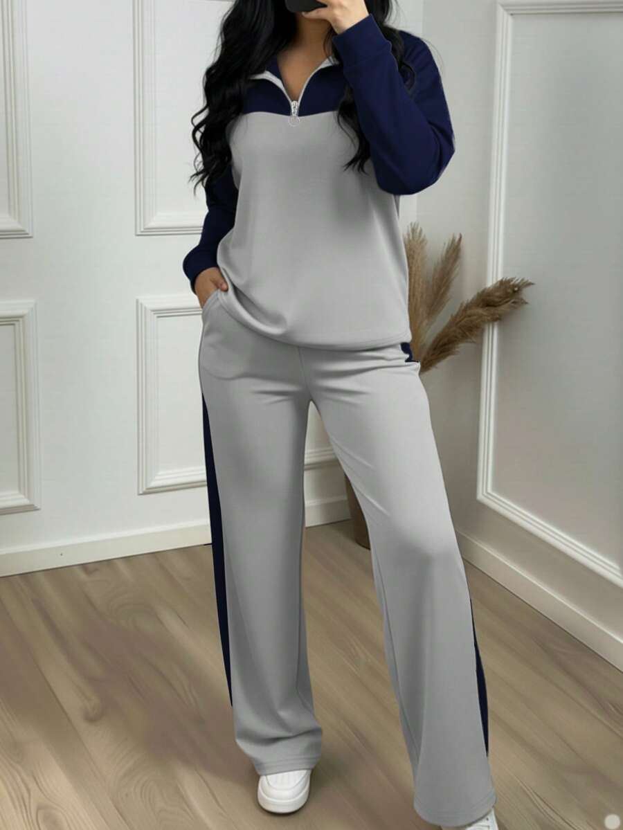 女士休闲套装，宽松翻领上衣搭配阔腿裤两件套，秋冬款 - 深空灰 - 查看 1