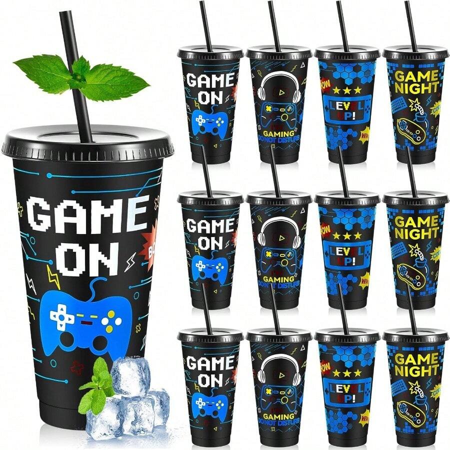 Vasos de plástico de 24 onzas reutilizables con tapa y pajitas para fiestas de videojuegos para adultos, decoraciones de mesa para fiestas de cumpleaños de jugadores, azul - negro azul - Ver 1
