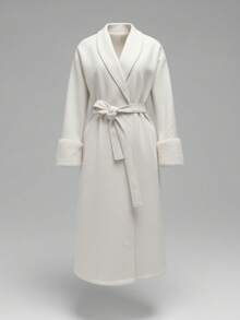 女士优雅中长款和服袖系带开衫，配有人造毛皮袖口饰边，奶油白色，适合日常通勤 - 杏色 - 查看 1