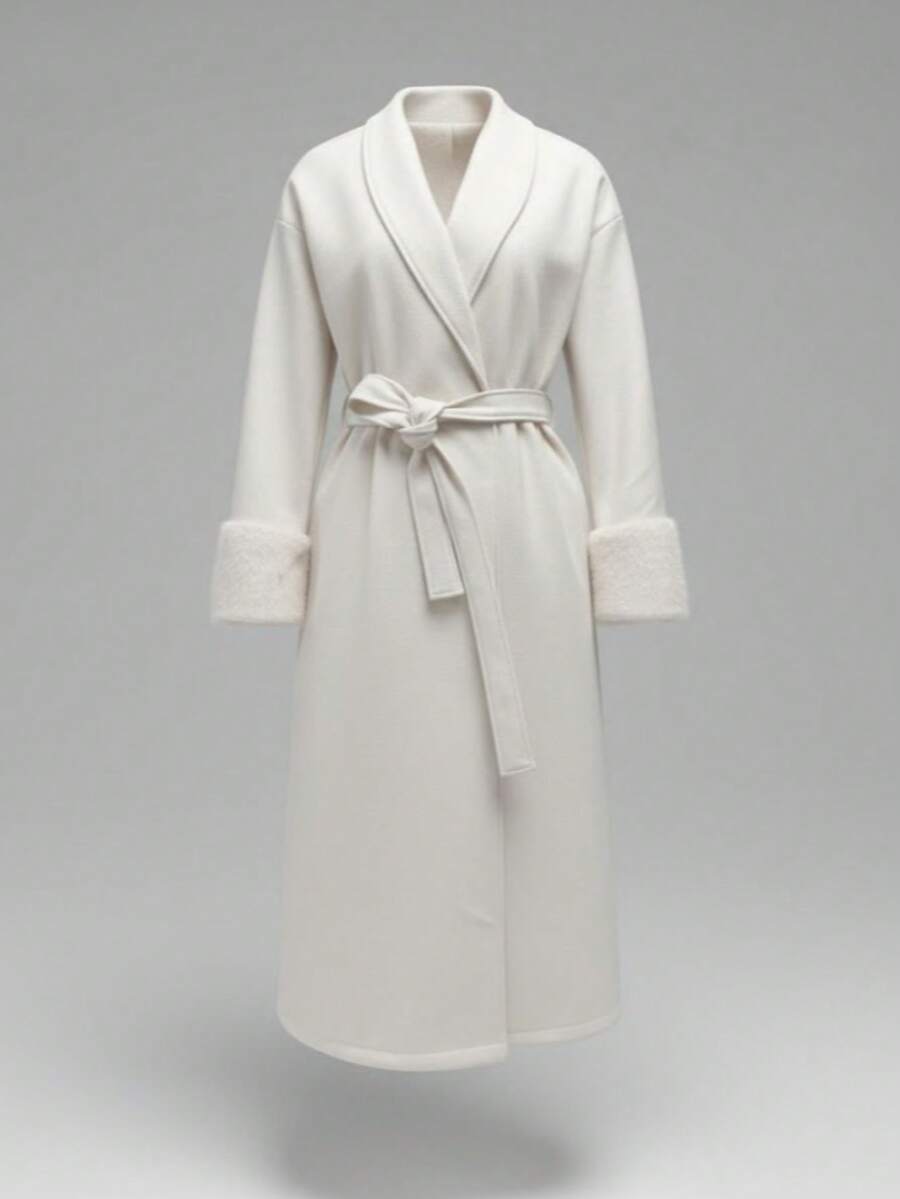 女士优雅中长款和服袖系带开衫，配有人造毛皮袖口饰边，奶油白色，适合日常通勤 - 杏色 - 查看 1