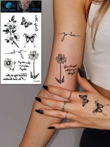 STARTTOOS Stiker Tato Sementara Motif Kupu-kupu Gelap, Bunga, Daun, Mawar, Daisy, dan Tanaman, Cocok untuk Bahu, Leher, Tulang Selangka, Pergelangan Tangan, Pergelangan Kaki, DIY, Dekorasi Sehari-hari, Pesta, Liburan, Hadiah, Tahan Air, Stiker Tato Realistis - Hitam - View 4