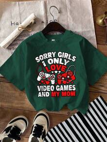 男童休闲图案T恤，字母和游戏机印花，圆领短袖，春夏款 - 墨綠色 - 查看 2